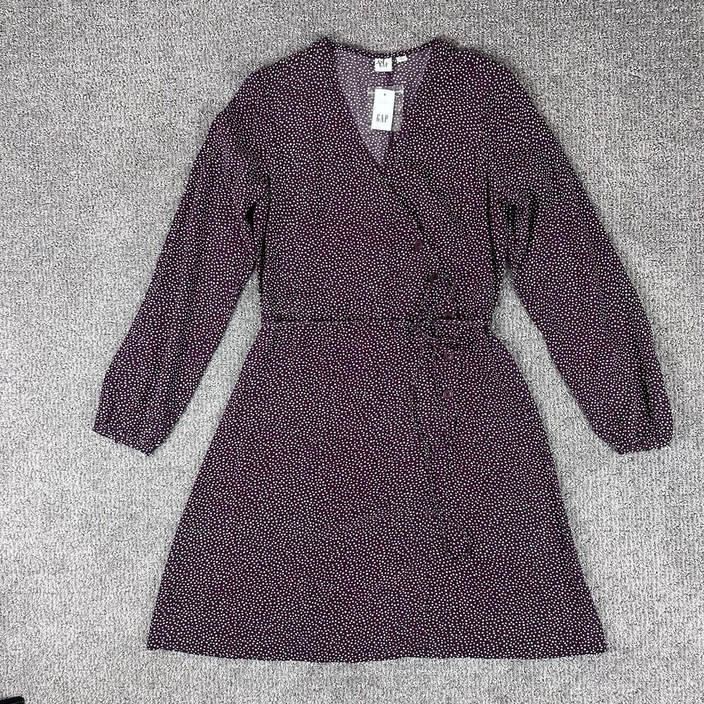 Gap Dress Womens Six Wrap Mini Side Button Polka Dot V Neck Long Sleeve Red
